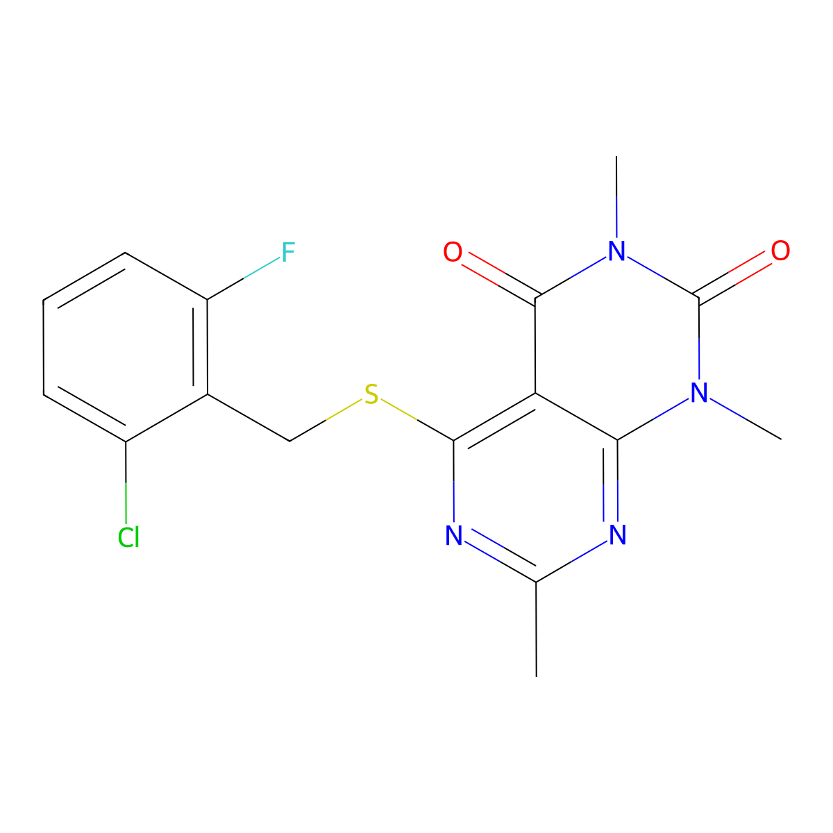 5-[(2-Chloro-6-fluorophenyl)methylsulfanyl]-1,3,7-trimethylpyrimido[4,5-d]pyrimidine-2,4-dione molecular structure, CAS 852168-66-2