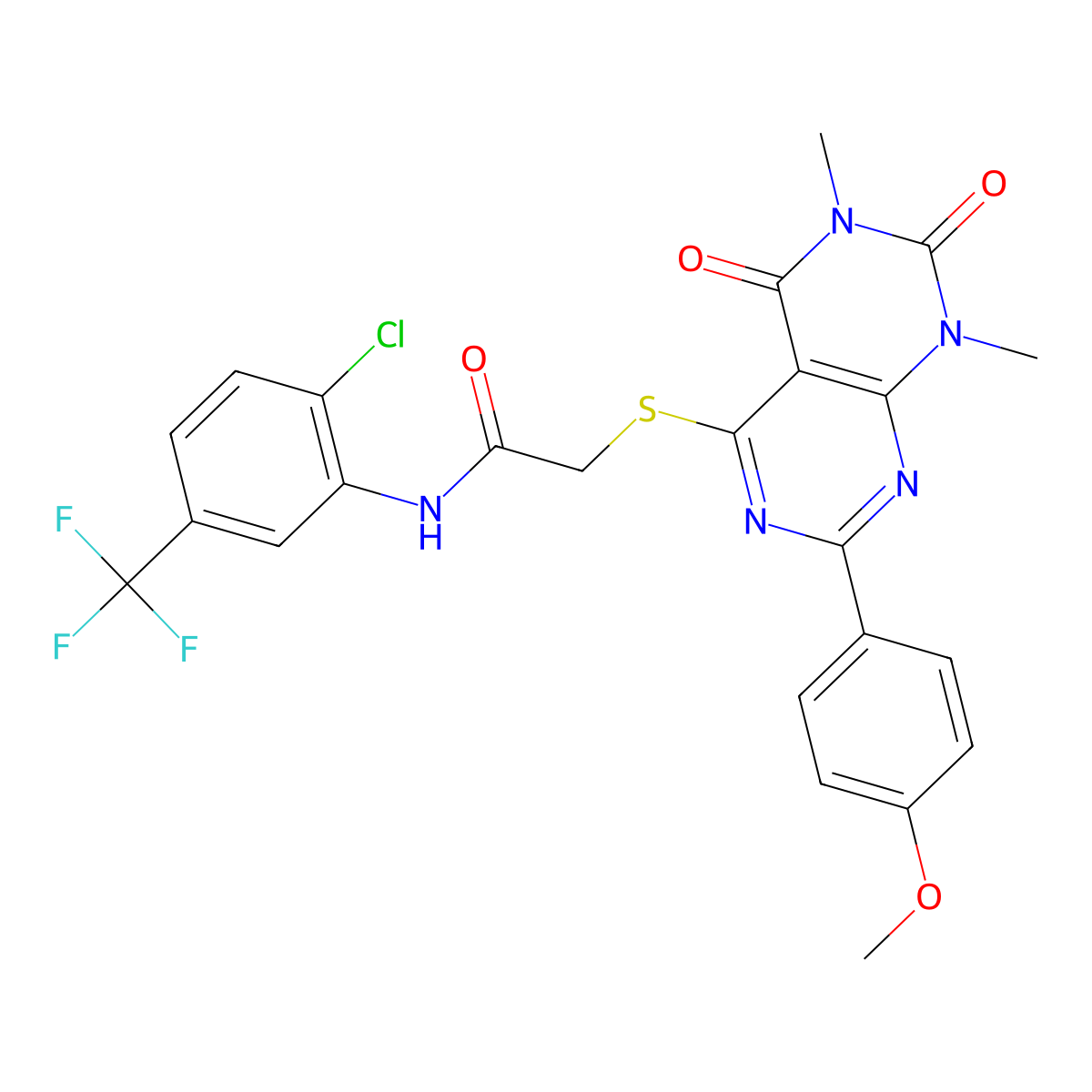 N-(2-chloro-5-(trifluoromethyl)phenyl)-2-((2-(4-methoxyphenyl)-6,8-dimethyl-5,7-dioxo-5,6,7,8-tetrahydropyrimido[4,5-d]pyrimidin-4-yl)thio)acetamide molecular structure, CAS 852168-67-3