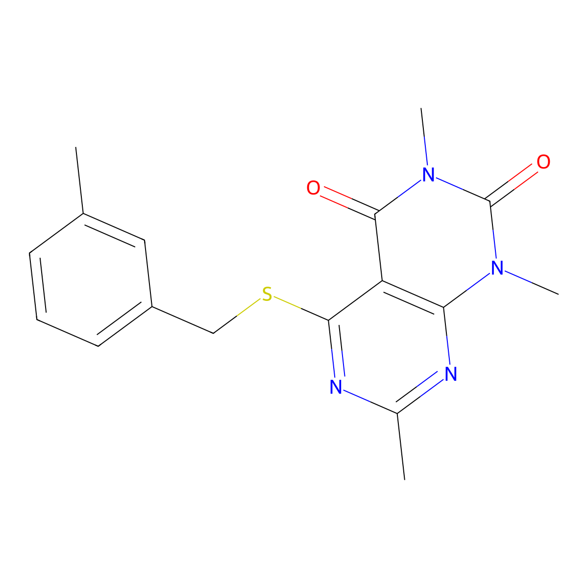 1,3,7-trimethyl-5-((3-methylbenzyl)thio)pyrimido[4,5-d]pyrimidine-2,4(1H,3H)-dione molecular structure, CAS 852168-68-4