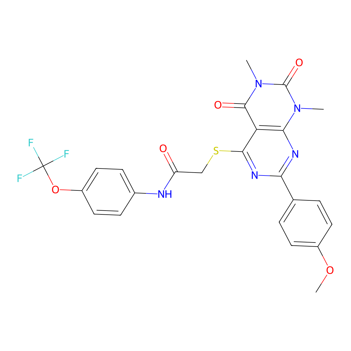 2-((2-(4-methoxyphenyl)-6,8-dimethyl-5,7-dioxo-5,6,7,8-tetrahydropyrimido[4,5-d]pyrimidin-4-yl)thio)-N-(4-(trifluoromethoxy)phenyl)acetamide molecular structure, CAS 852168-69-5