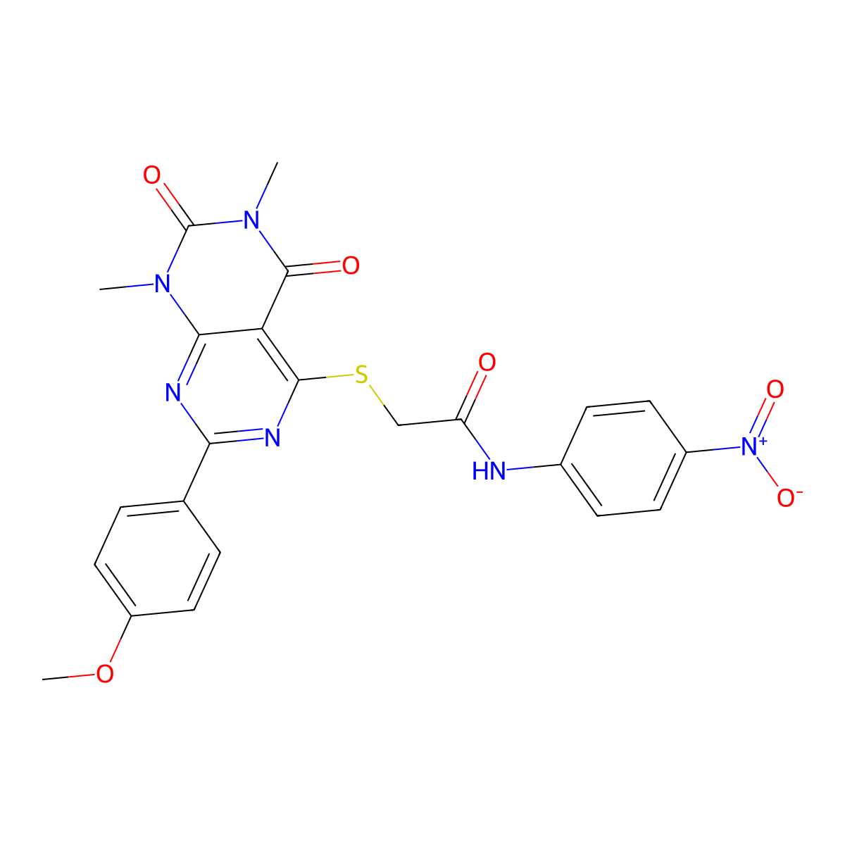 2-((2-(4-methoxyphenyl)-6,8-dimethyl-5,7-dioxo-5,6,7,8-tetrahydropyrimido[4,5-d]pyrimidin-4-yl)thio)-N-(4-nitrophenyl)acetamide molecular structure, CAS 852168-71-9