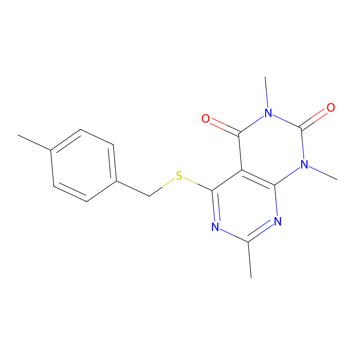 1,3,7-Trimethyl-5-[(4-methylphenyl)methylsulfanyl]pyrimido[4,5-d]pyrimidine-2,4-dione molecular structure, CAS 852168-72-0
