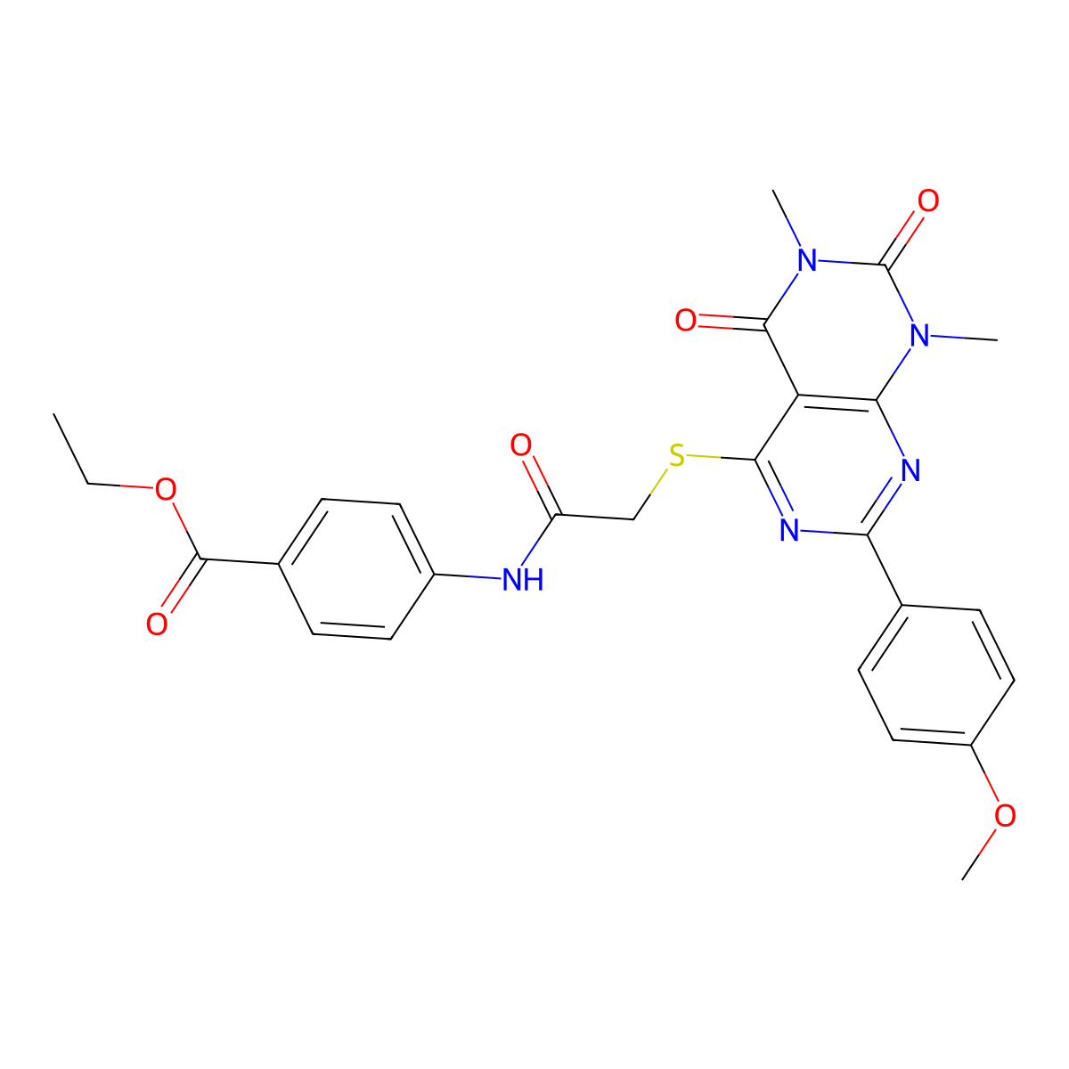 Ethyl 4-(2-((2-(4-methoxyphenyl)-6,8-dimethyl-5,7-dioxo-5,6,7,8-tetrahydropyrimido[4,5-d]pyrimidin-4-yl)thio)acetamido)benzoate molecular structure, CAS 852168-73-1
