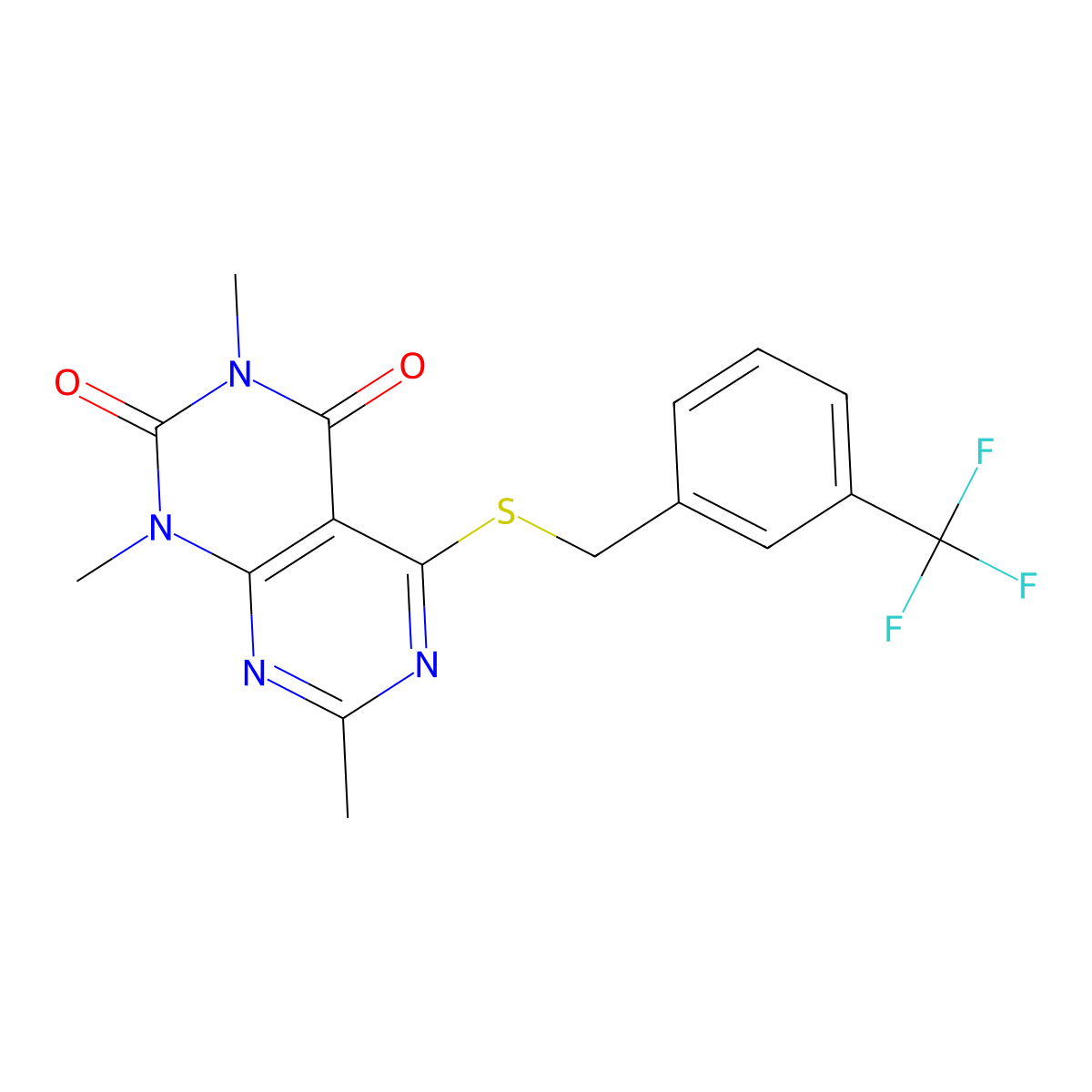 1,3,7-Trimethyl-5-[[3-(trifluoromethyl)phenyl]methylsulfanyl]pyrimido[4,5-d]pyrimidine-2,4-dione molecular structure, CAS 852168-74-2
