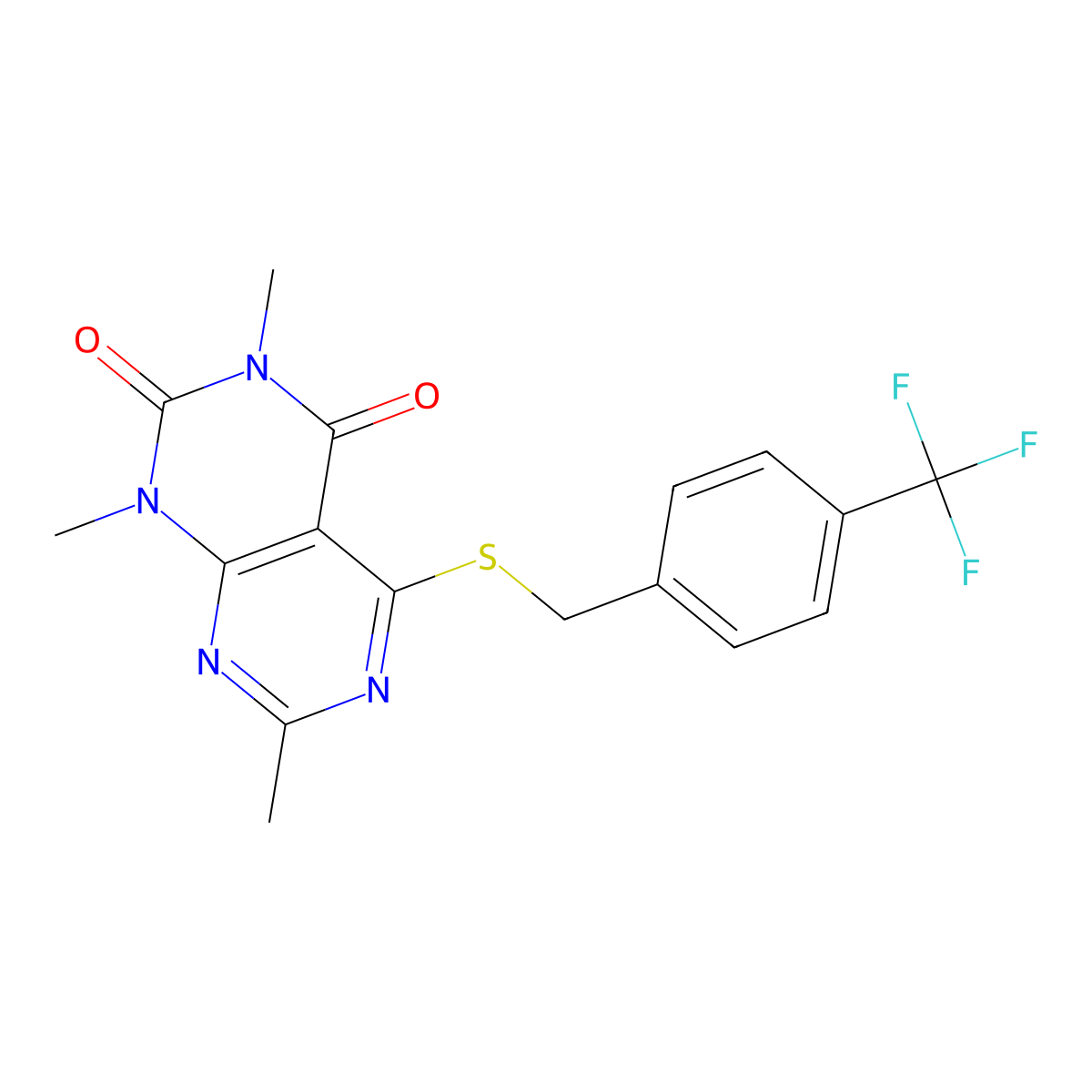 1,3,7-trimethyl-5-((4-(trifluoromethyl)benzyl)thio)pyrimido[4,5-d]pyrimidine-2,4(1H,3H)-dione molecular structure, CAS 852168-76-4