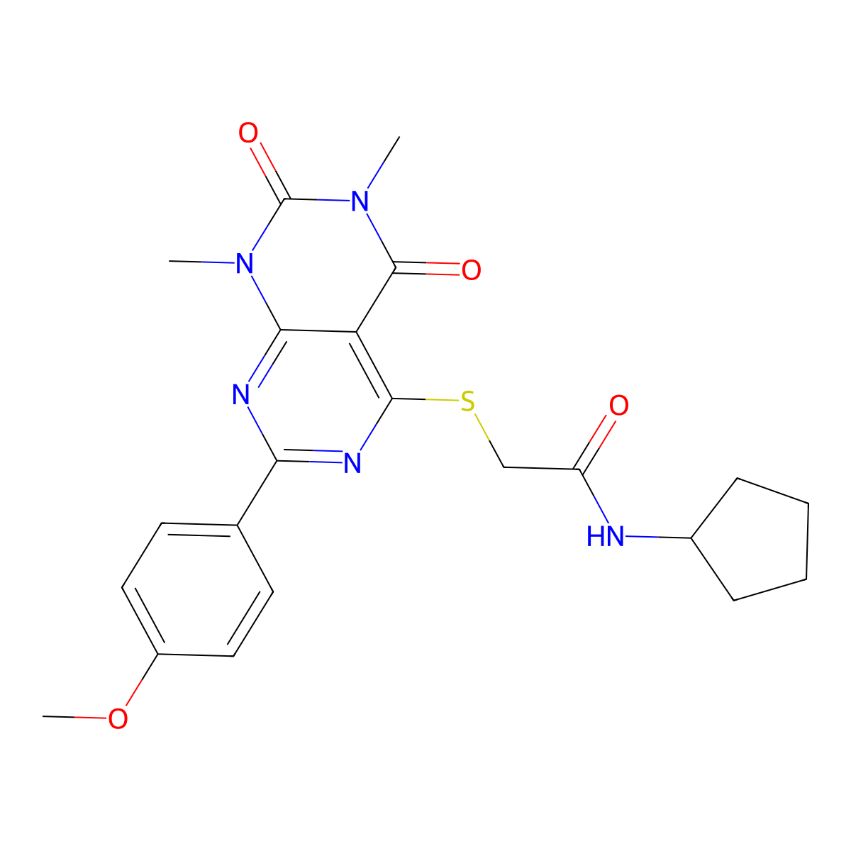 N-cyclopentyl-2-((2-(4-methoxyphenyl)-6,8-dimethyl-5,7-dioxo-5,6,7,8-tetrahydropyrimido[4,5-d]pyrimidin-4-yl)thio)acetamide molecular structure, CAS 852168-77-5