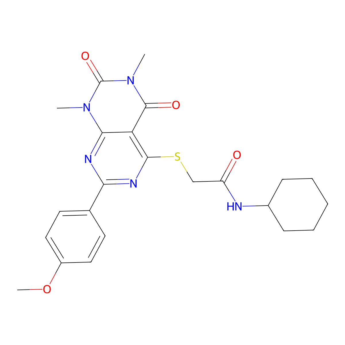 N-cyclohexyl-2-((2-(4-methoxyphenyl)-6,8-dimethyl-5,7-dioxo-5,6,7,8-tetrahydropyrimido[4,5-d]pyrimidin-4-yl)thio)acetamide molecular structure, CAS 852168-79-7