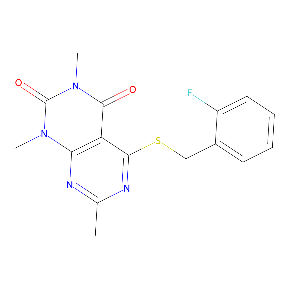 5-[(2-Fluorophenyl)methylsulfanyl]-1,3,7-trimethylpyrimido[4,5-d]pyrimidine-2,4-dione molecular structure, CAS 852168-80-0