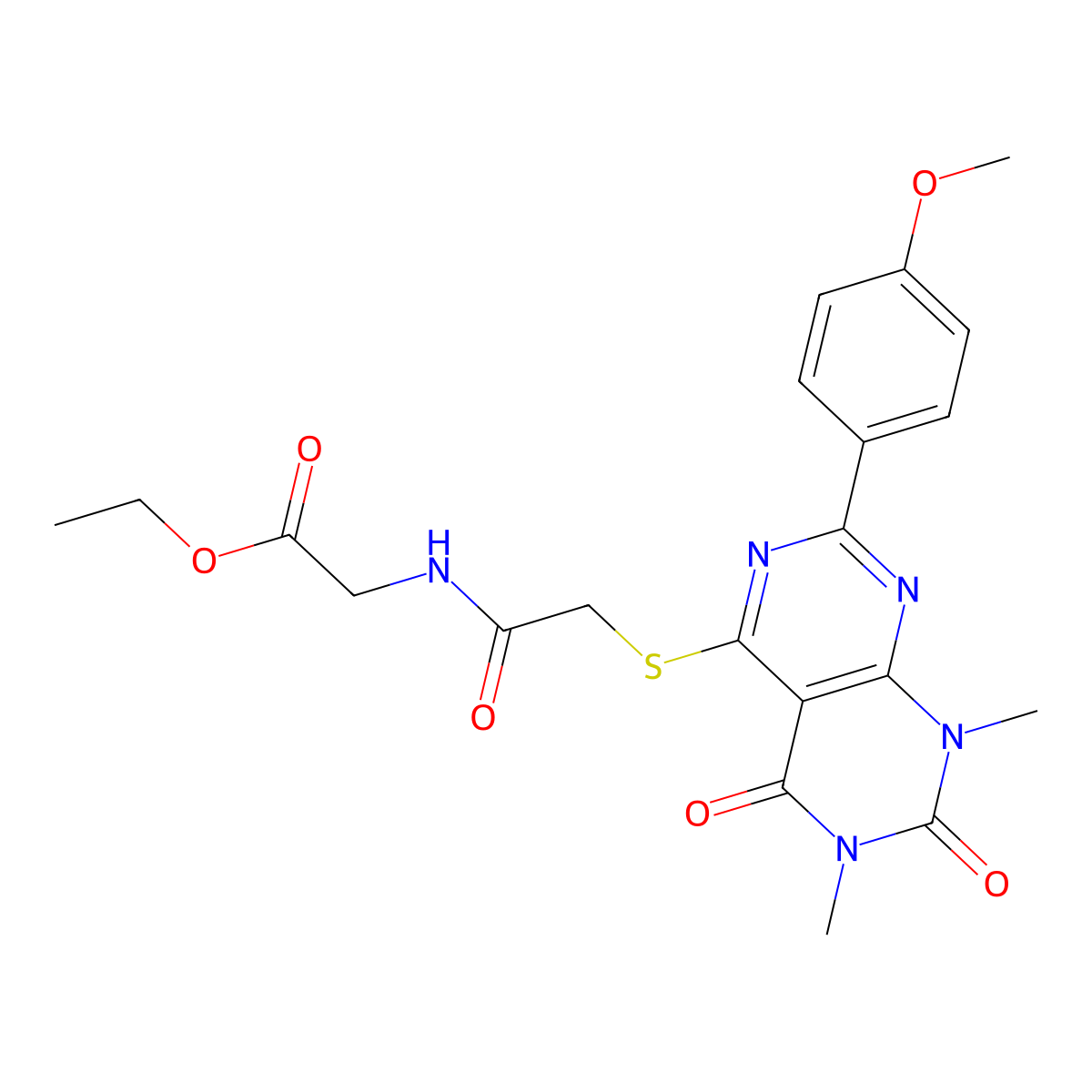 Ethyl 2-(2-((2-(4-methoxyphenyl)-6,8-dimethyl-5,7-dioxo-5,6,7,8-tetrahydropyrimido[4,5-d]pyrimidin-4-yl)thio)acetamido)acetate molecular structure, CAS 852168-81-1