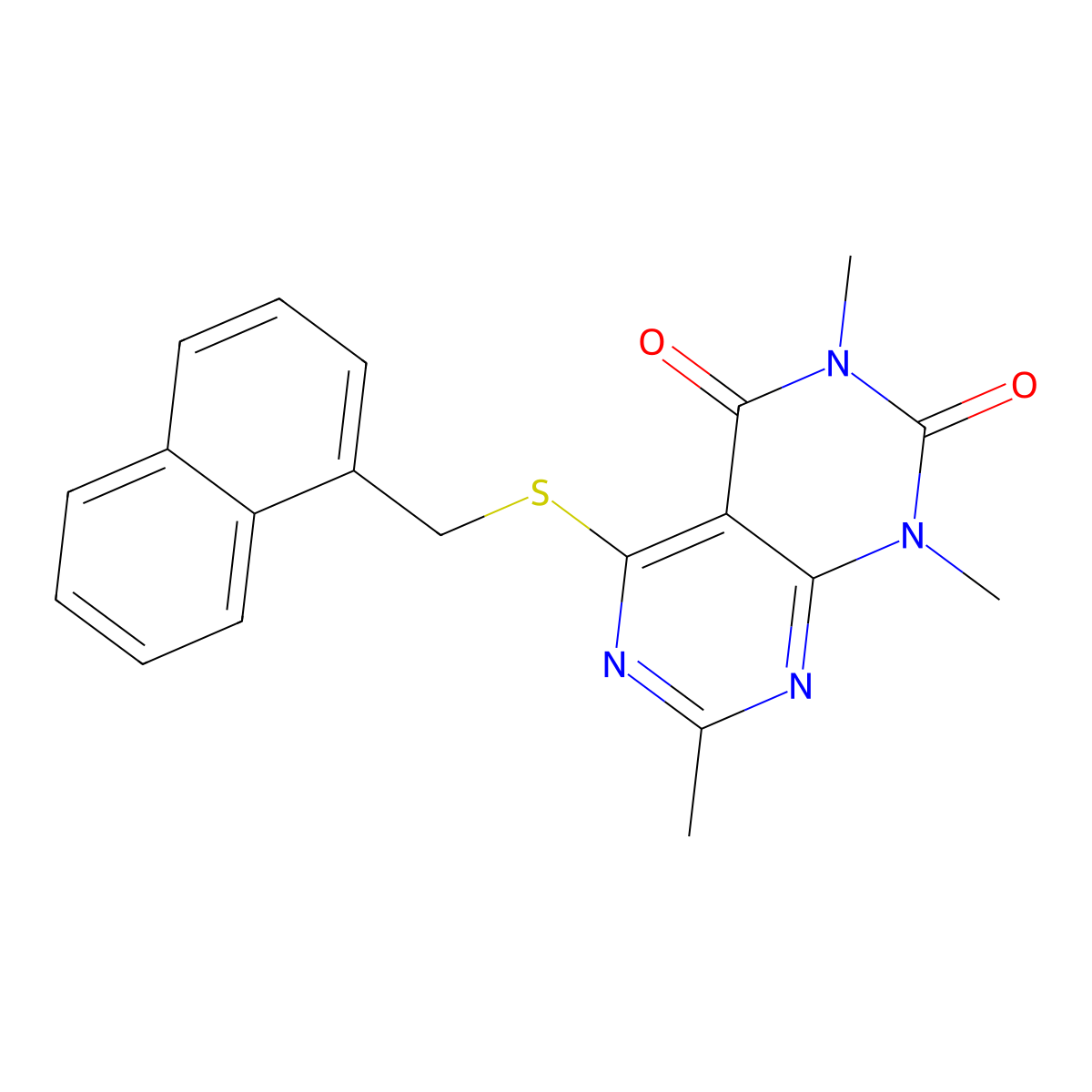 1,3,7-trimethyl-5-((naphthalen-1-ylmethyl)thio)pyrimido[4,5-d]pyrimidine-2,4(1H,3H)-dione molecular structure, CAS 852168-82-2