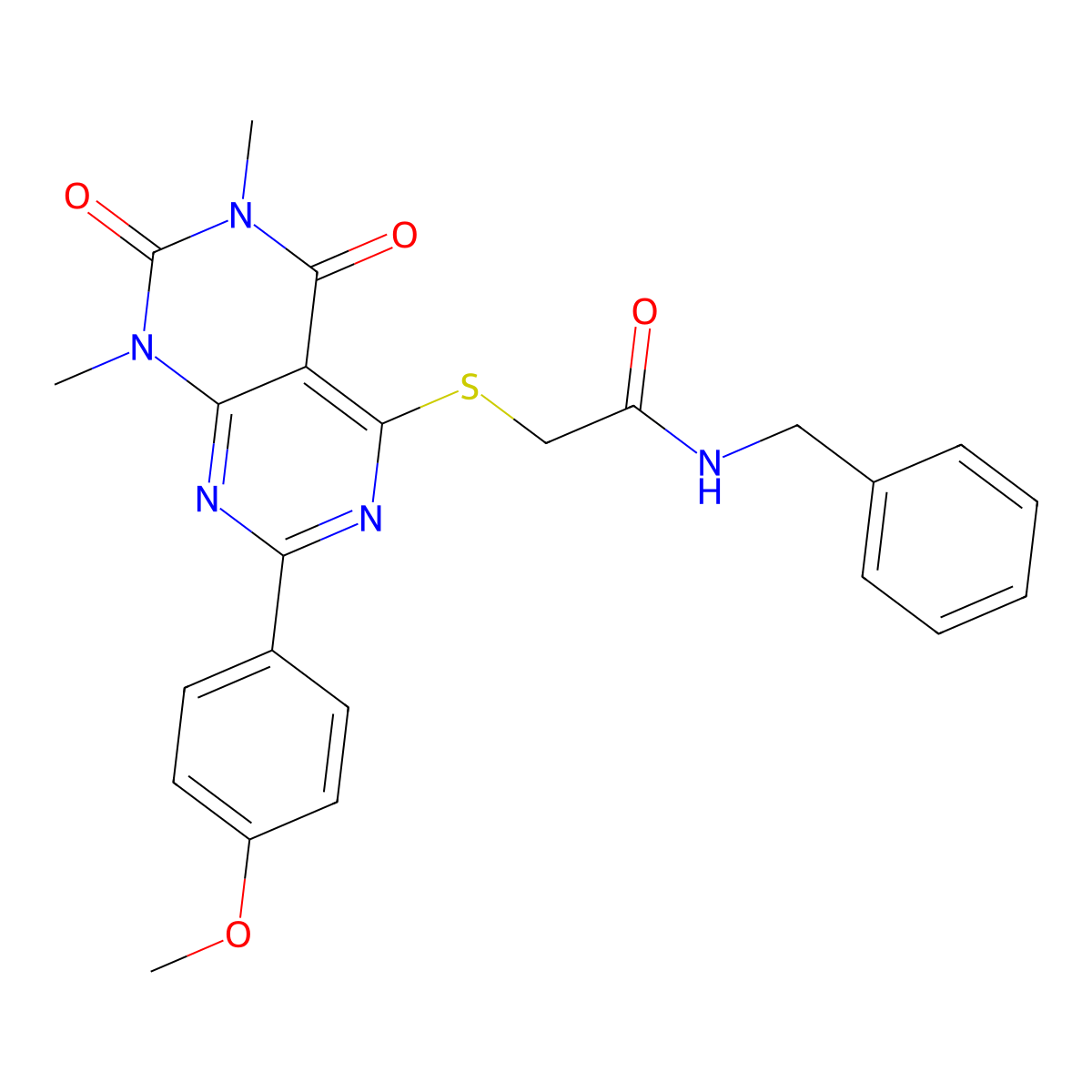 N-benzyl-2-((2-(4-methoxyphenyl)-6,8-dimethyl-5,7-dioxo-5,6,7,8-tetrahydropyrimido[4,5-d]pyrimidin-4-yl)thio)acetamide molecular structure, CAS 852168-83-3