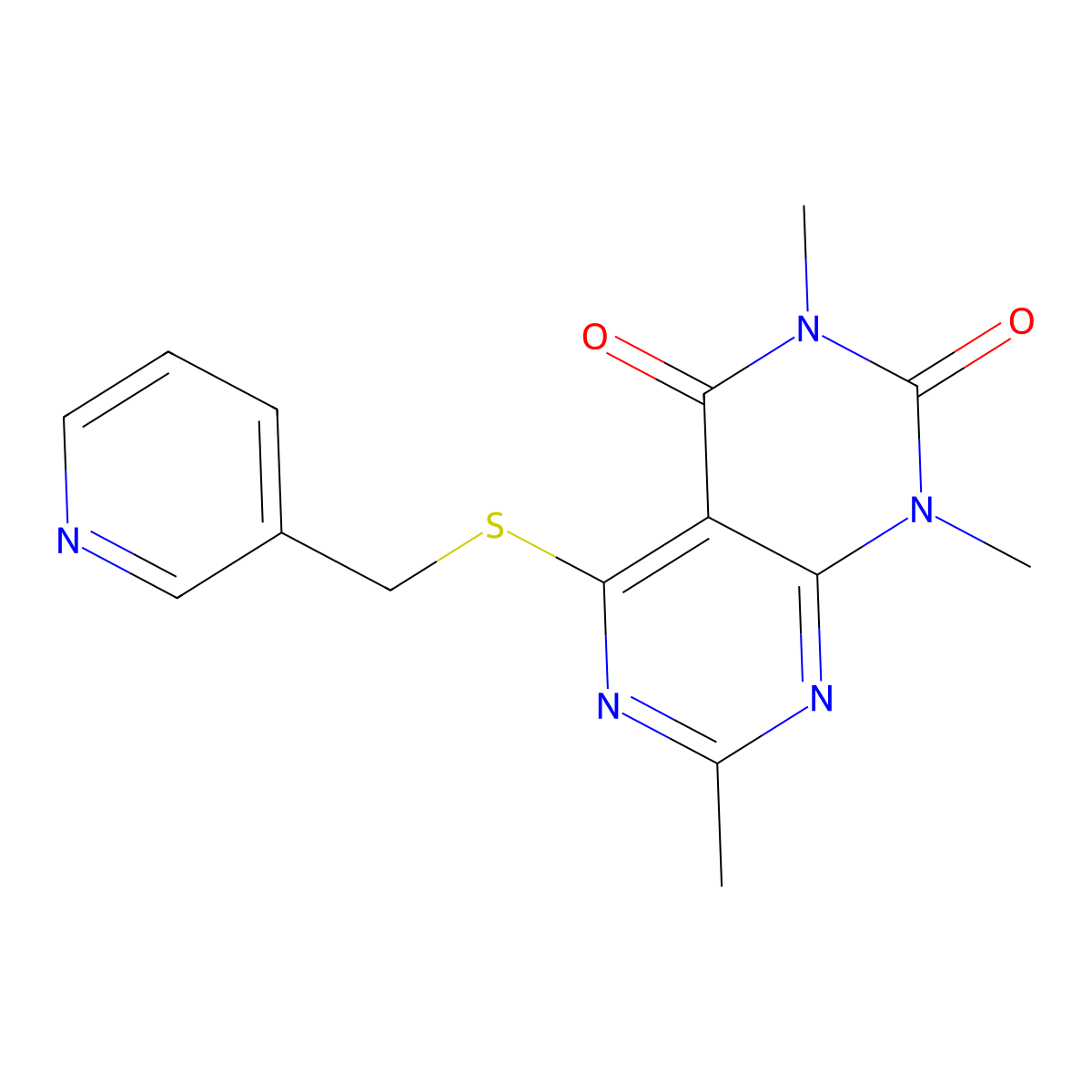 1,3,7-Trimethyl-5-(pyridin-3-ylmethylsulfanyl)pyrimido[4,5-d]pyrimidine-2,4-dione molecular structure, CAS 852168-84-4