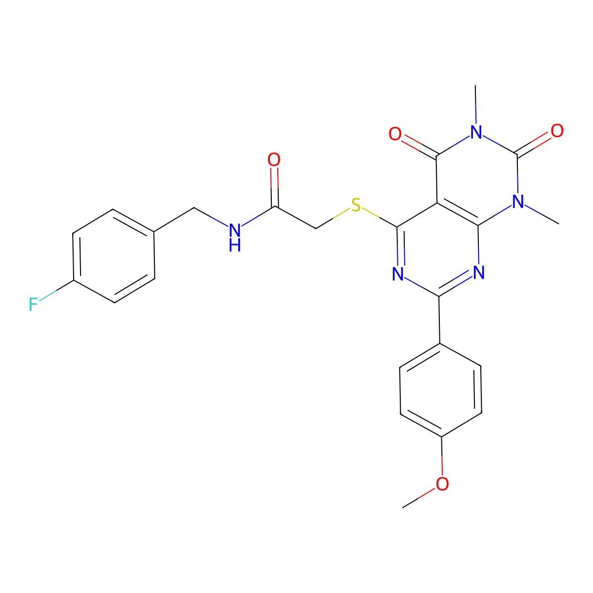N-(4-fluorobenzyl)-2-((2-(4-methoxyphenyl)-6,8-dimethyl-5,7-dioxo-5,6,7,8-tetrahydropyrimido[4,5-d]pyrimidin-4-yl)thio)acetamide molecular structure, CAS 852168-85-5