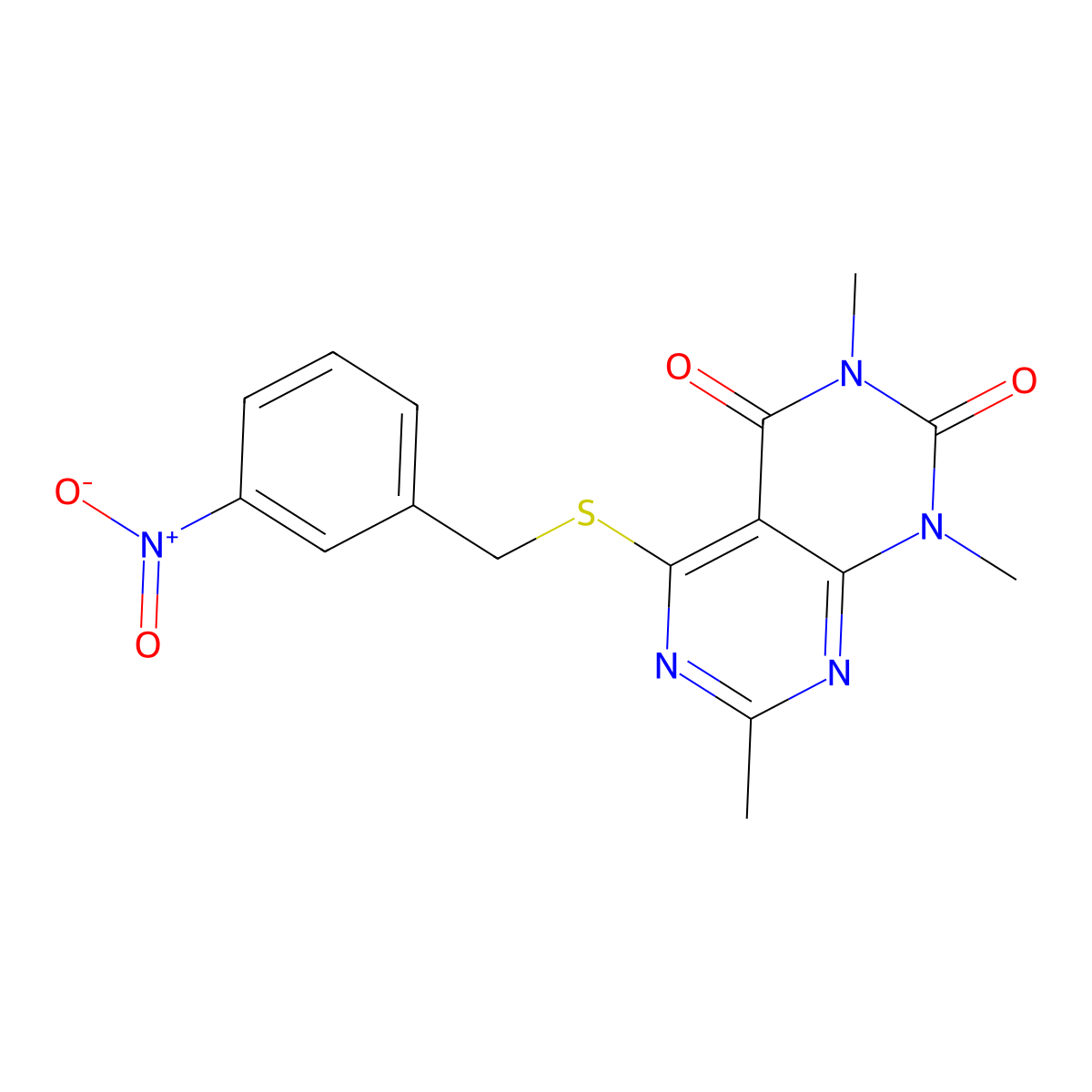1,3,7-trimethyl-5-((3-nitrobenzyl)thio)pyrimido[4,5-d]pyrimidine-2,4(1H,3H)-dione molecular structure, CAS 852168-86-6