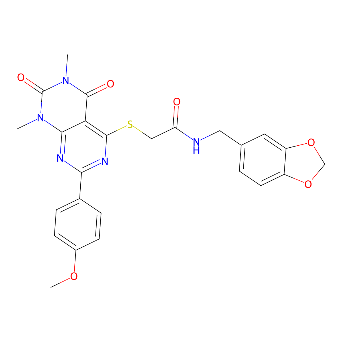 N-(benzo[d][1,3]dioxol-5-ylmethyl)-2-((2-(4-methoxyphenyl)-6,8-dimethyl-5,7-dioxo-5,6,7,8-tetrahydropyrimido[4,5-d]pyrimidin-4-yl)thio)acetamide molecular structure, CAS 852168-87-7