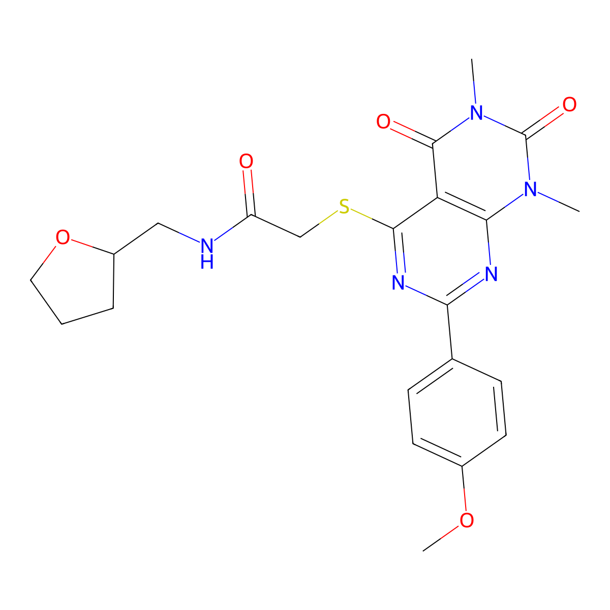 2-((2-(4-methoxyphenyl)-6,8-dimethyl-5,7-dioxo-5,6,7,8-tetrahydropyrimido[4,5-d]pyrimidin-4-yl)thio)-N-((tetrahydrofuran-2-yl)methyl)acetamide molecular structure, CAS 852168-89-9