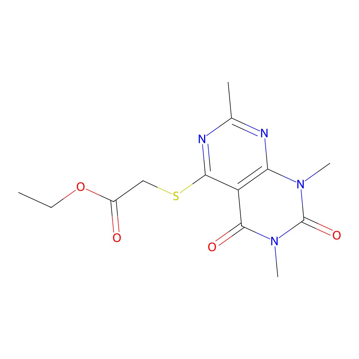 Ethyl 2-((2,6,8-trimethyl-5,7-dioxo-5,6,7,8-tetrahydropyrimido[4,5-d]pyrimidin-4-yl)thio)acetate molecular structure, CAS 852168-90-2