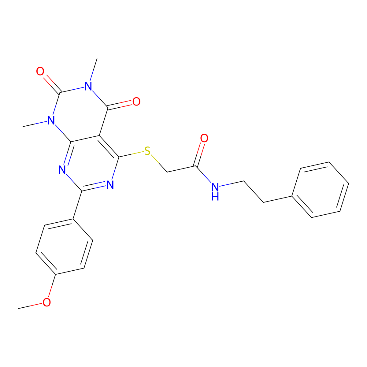 2-((2-(4-methoxyphenyl)-6,8-dimethyl-5,7-dioxo-5,6,7,8-tetrahydropyrimido[4,5-d]pyrimidin-4-yl)thio)-N-phenethylacetamide molecular structure, CAS 852168-91-3