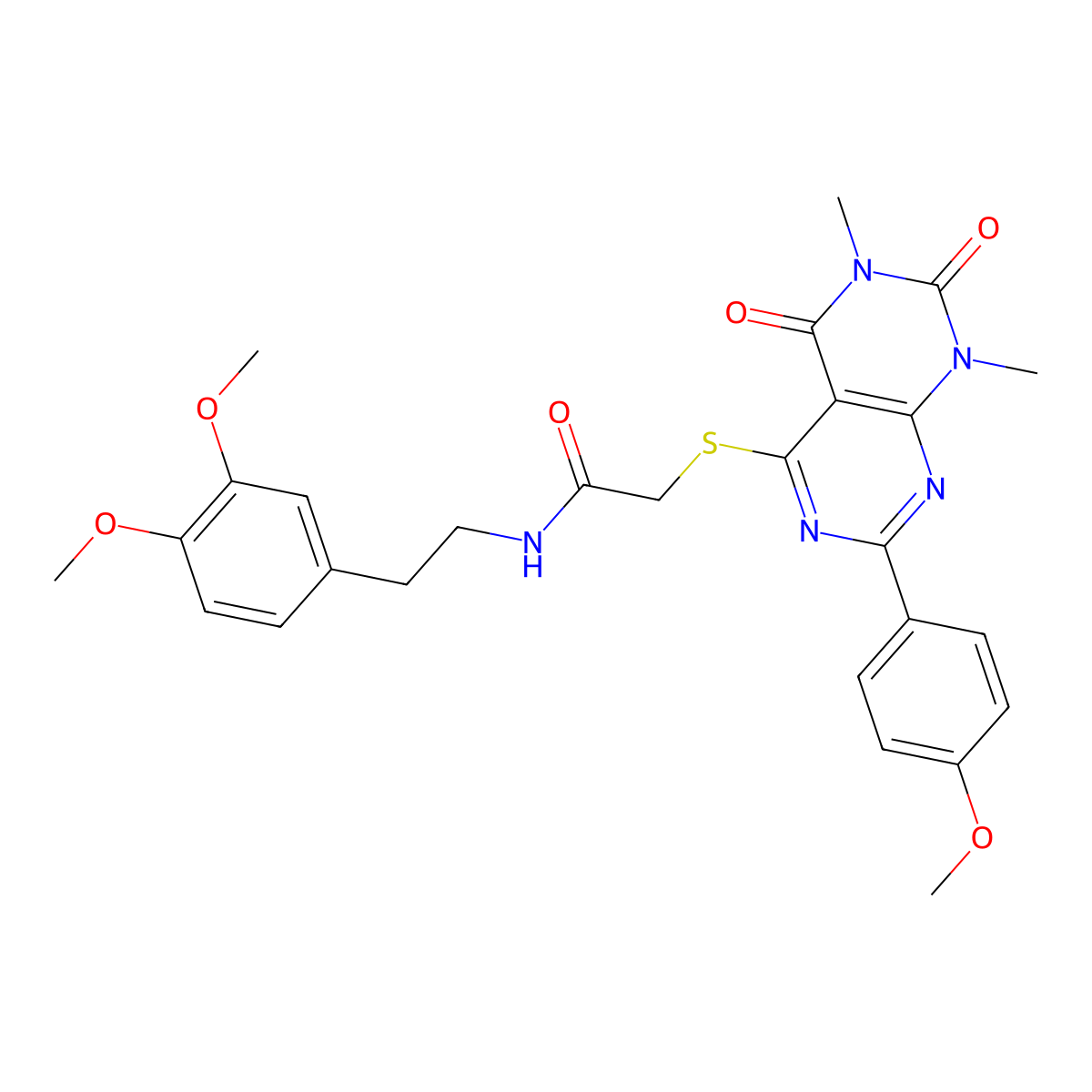 N-(3,4-dimethoxyphenethyl)-2-((2-(4-methoxyphenyl)-6,8-dimethyl-5,7-dioxo-5,6,7,8-tetrahydropyrimido[4,5-d]pyrimidin-4-yl)thio)acetamide molecular structure, CAS 852168-93-5