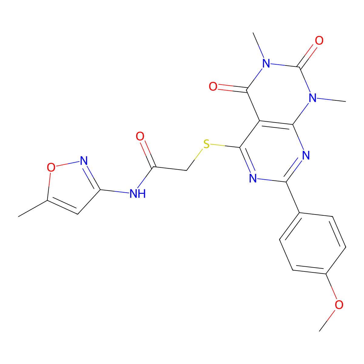 2-((2-(4-methoxyphenyl)-6,8-dimethyl-5,7-dioxo-5,6,7,8-tetrahydropyrimido[4,5-d]pyrimidin-4-yl)thio)-N-(5-methylisoxazol-3-yl)acetamide molecular structure, CAS 852168-95-7