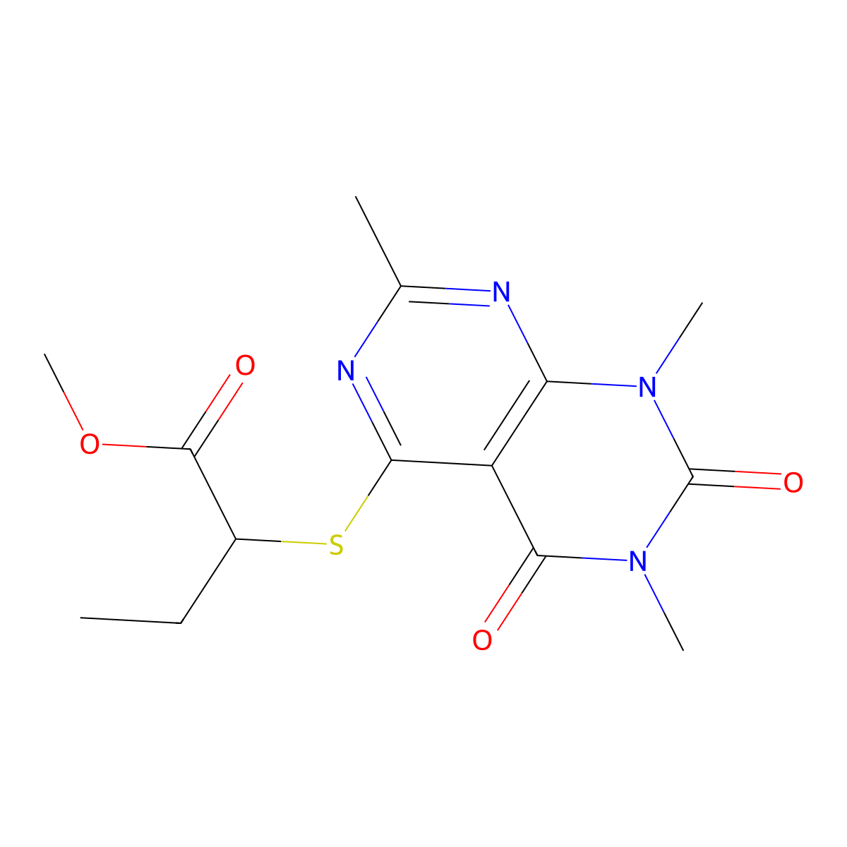 Methyl 2-((2,6,8-trimethyl-5,7-dioxo-5,6,7,8-tetrahydropyrimido[4,5-d]pyrimidin-4-yl)thio)butanoate molecular structure, CAS 852168-96-8