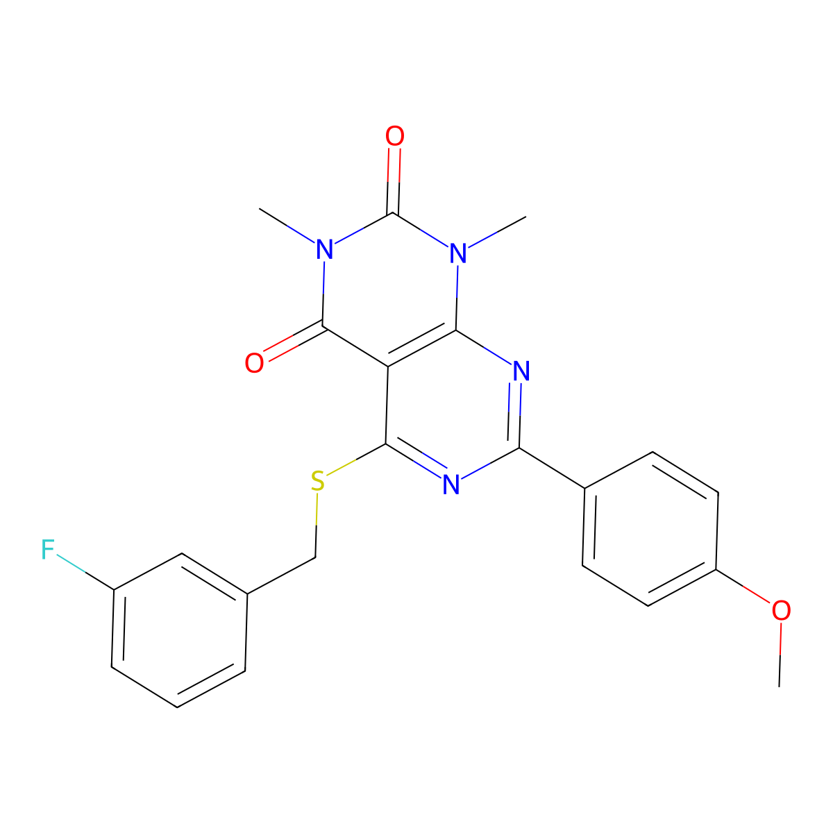 5-((3-fluorobenzyl)thio)-7-(4-methoxyphenyl)-1,3-dimethylpyrimido[4,5-d]pyrimidine-2,4(1H,3H)-dione molecular structure, CAS 852168-97-9