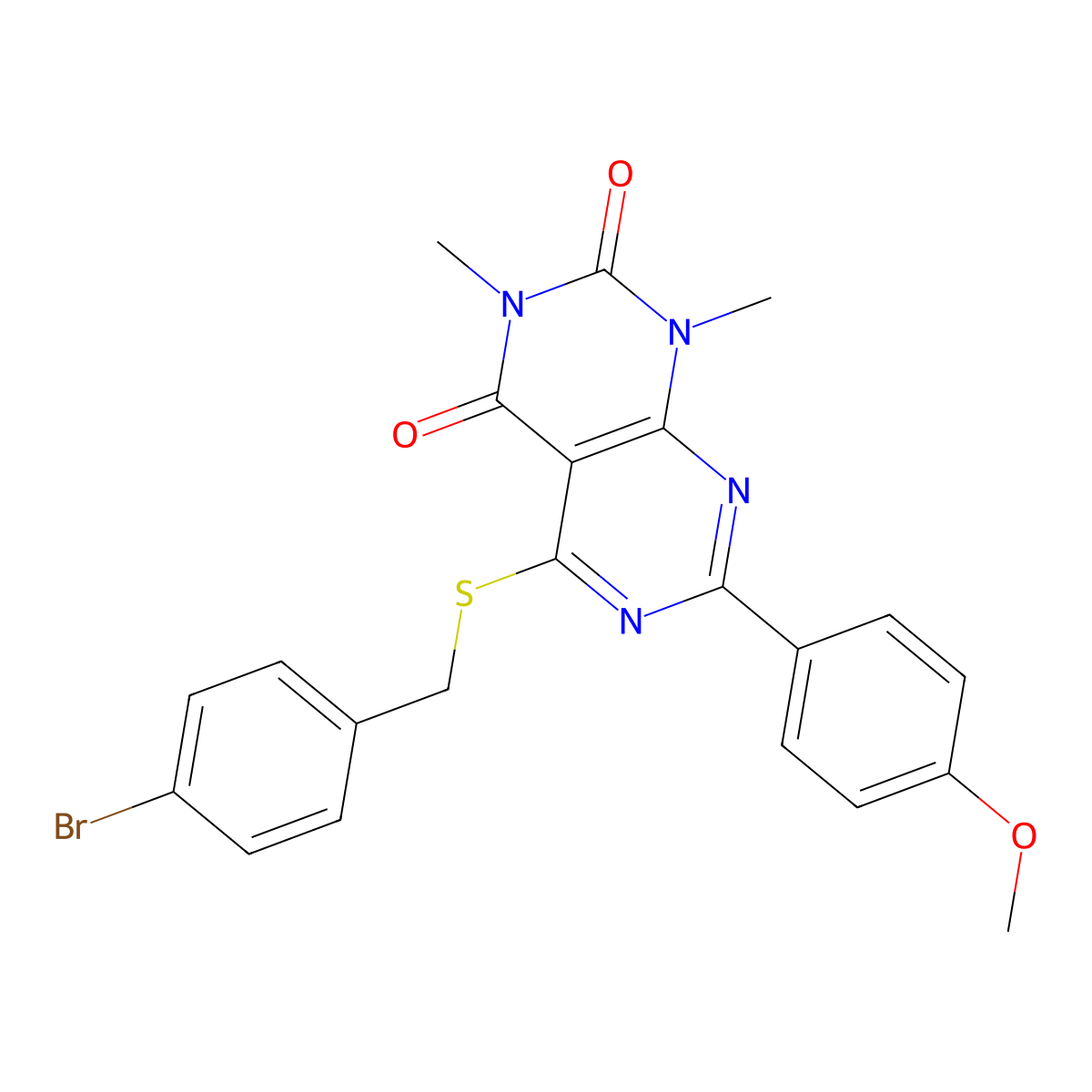 5-((4-bromobenzyl)thio)-7-(4-methoxyphenyl)-1,3-dimethylpyrimido[4,5-d]pyrimidine-2,4(1H,3H)-dione molecular structure, CAS 852169-01-8