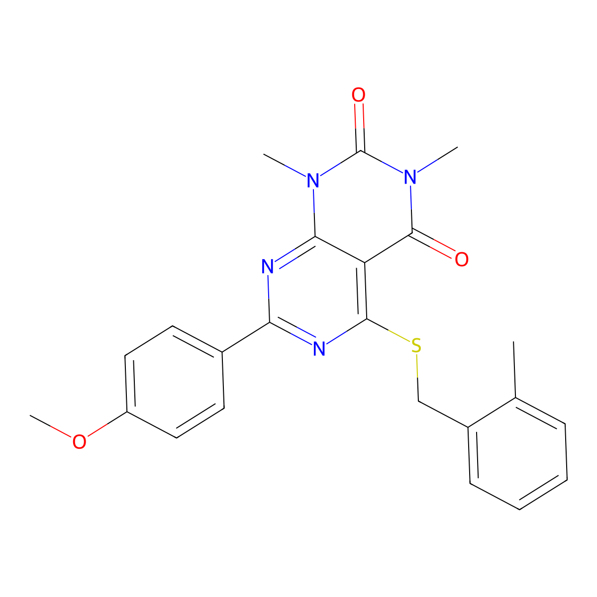 7-(4-methoxyphenyl)-1,3-dimethyl-5-((2-methylbenzyl)thio)pyrimido[4,5-d]pyrimidine-2,4(1H,3H)-dione molecular structure, CAS 852169-03-0