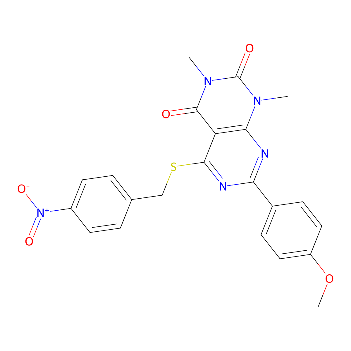 7-(4-methoxyphenyl)-1,3-dimethyl-5-((4-nitrobenzyl)thio)pyrimido[4,5-d]pyrimidine-2,4(1H,3H)-dione molecular structure, CAS 852169-05-2