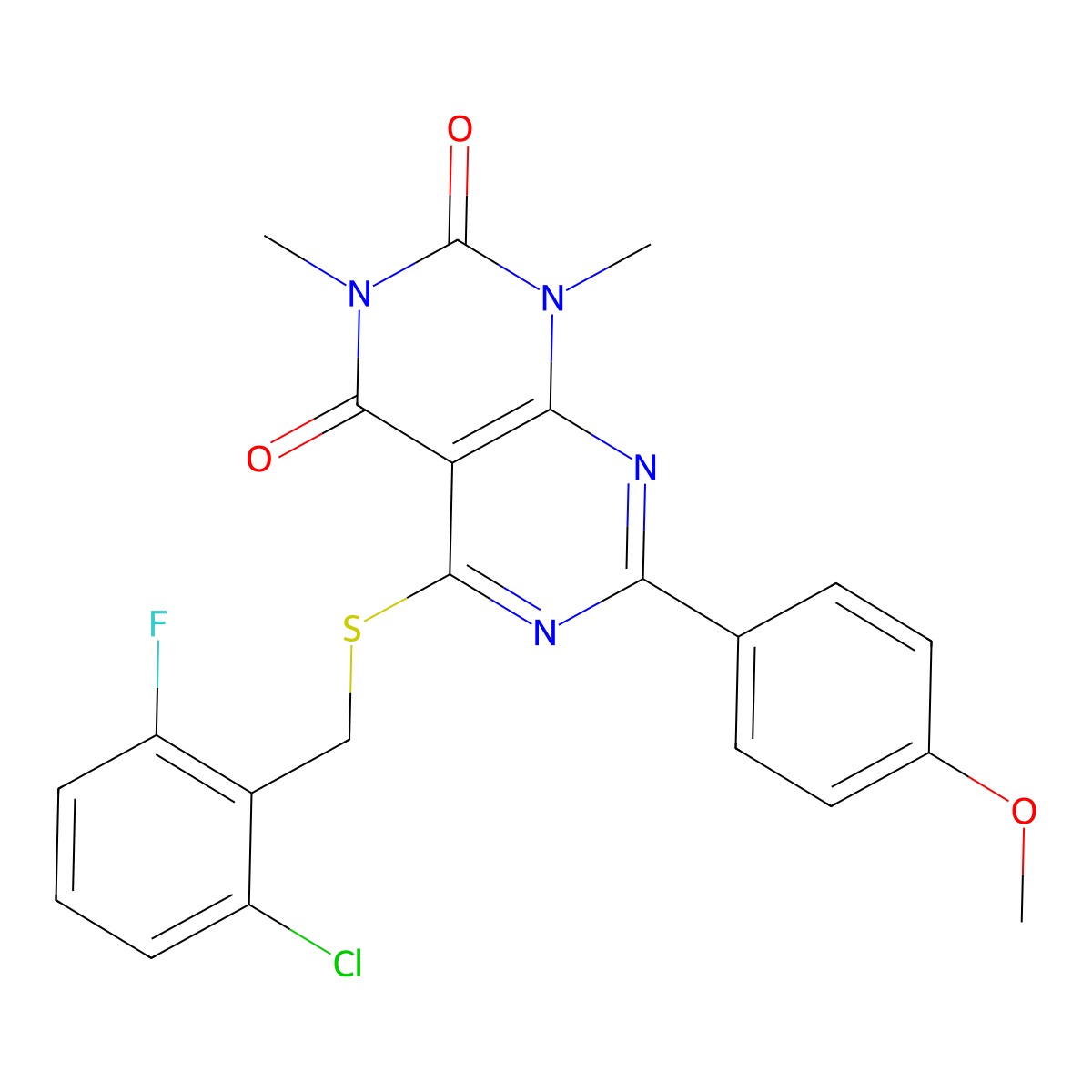 5-((2-chloro-6-fluorobenzyl)thio)-7-(4-methoxyphenyl)-1,3-dimethylpyrimido[4,5-d]pyrimidine-2,4(1H,3H)-dione molecular structure, CAS 852169-07-4