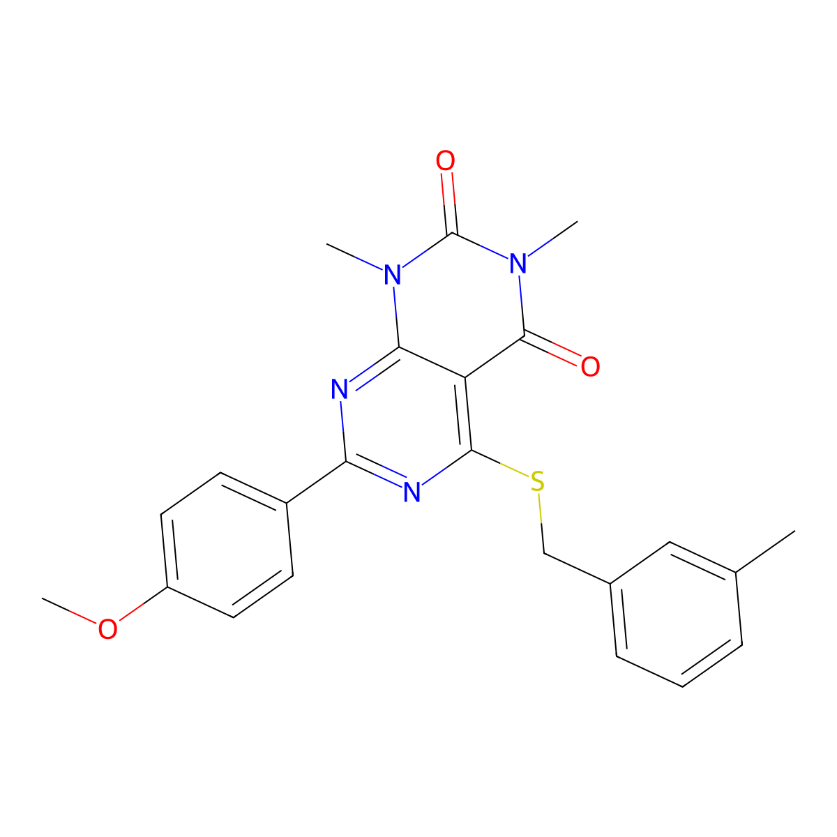 7-(4-methoxyphenyl)-1,3-dimethyl-5-((3-methylbenzyl)thio)pyrimido[4,5-d]pyrimidine-2,4(1H,3H)-dione molecular structure, CAS 852169-09-6