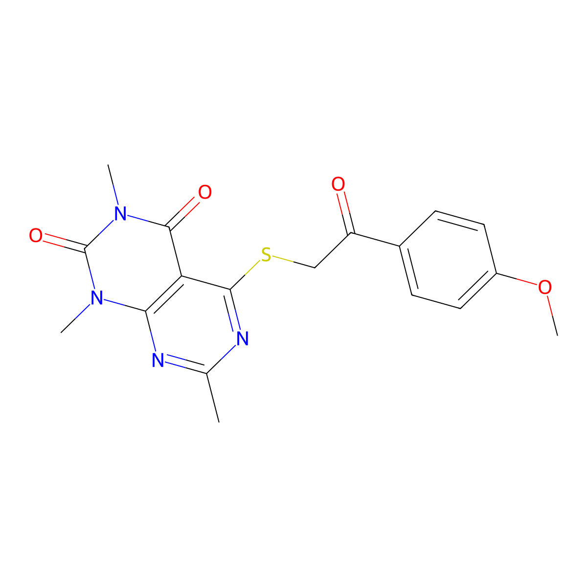 5-((2-(4-methoxyphenyl)-2-oxoethyl)thio)-1,3,7-trimethylpyrimido[4,5-d]pyrimidine-2,4(1H,3H)-dione molecular structure, CAS 852169-10-9