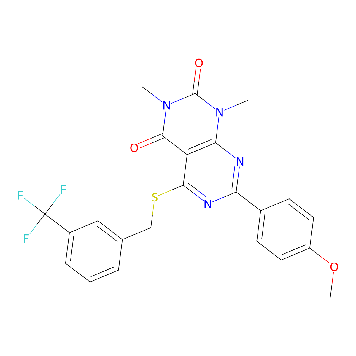 7-(4-methoxyphenyl)-1,3-dimethyl-5-((3-(trifluoromethyl)benzyl)thio)pyrimido[4,5-d]pyrimidine-2,4(1H,3H)-dione molecular structure, CAS 852169-11-0