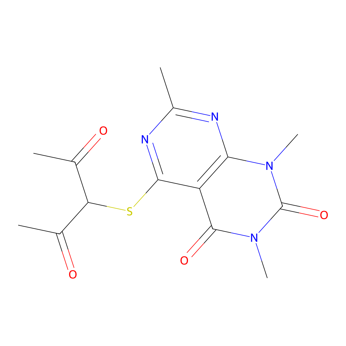 5-((2,4-dioxopentan-3-yl)thio)-1,3,7-trimethylpyrimido[4,5-d]pyrimidine-2,4(1H,3H)-dione molecular structure, CAS 852169-12-1