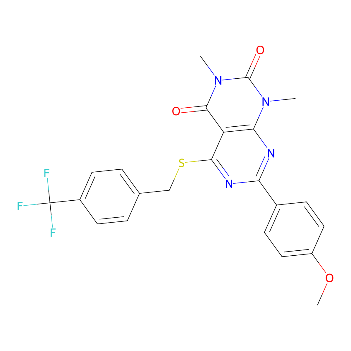7-(4-methoxyphenyl)-1,3-dimethyl-5-((4-(trifluoromethyl)benzyl)thio)pyrimido[4,5-d]pyrimidine-2,4(1H,3H)-dione molecular structure, CAS 852169-13-2