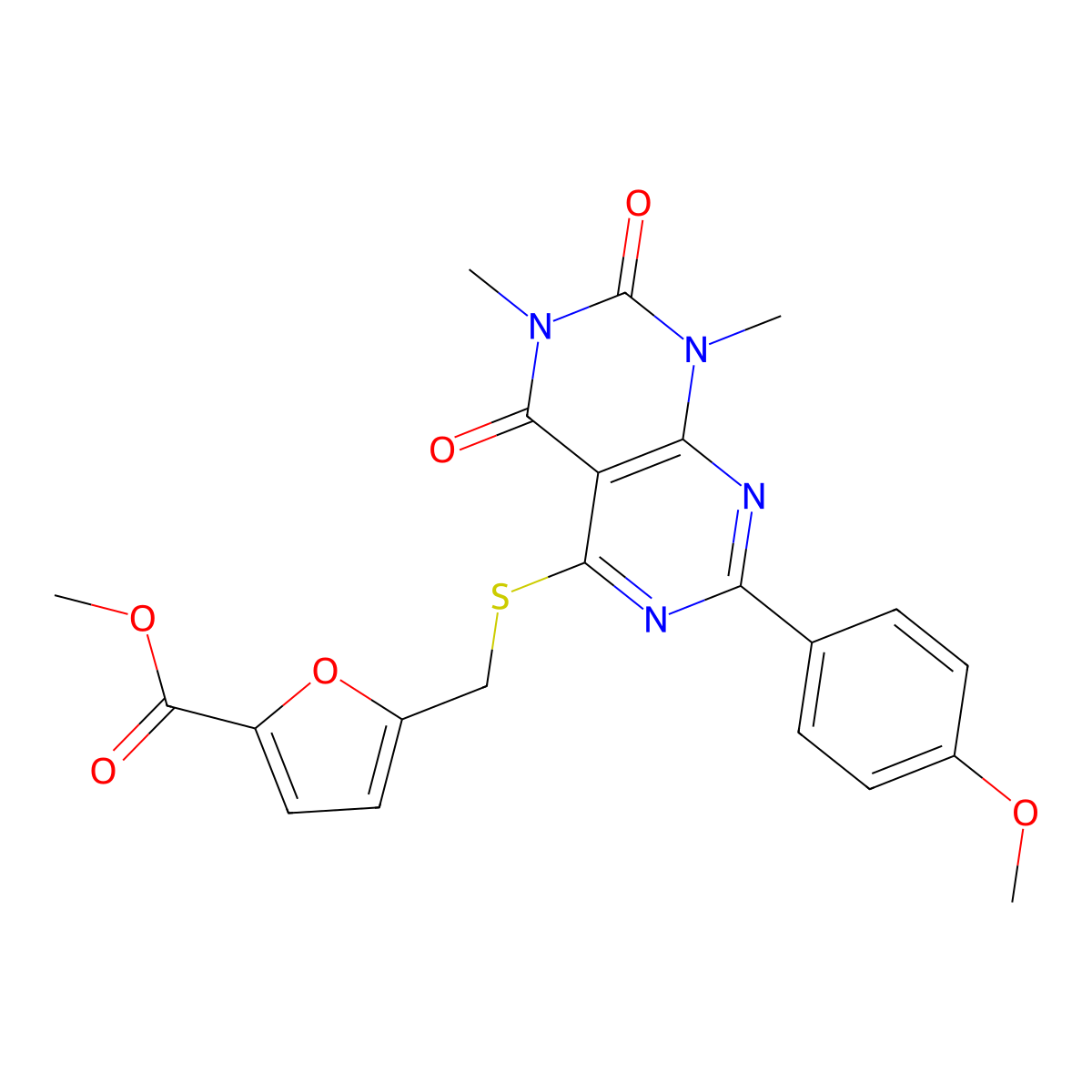 Methyl 5-(((2-(4-methoxyphenyl)-6,8-dimethyl-5,7-dioxo-5,6,7,8-tetrahydropyrimido[4,5-d]pyrimidin-4-yl)thio)methyl)furan-2-carboxylate molecular structure, CAS 852169-15-4