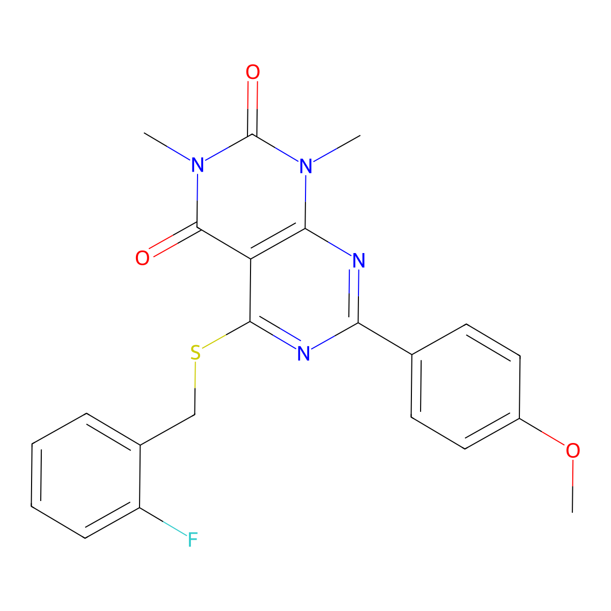 5-((2-fluorobenzyl)thio)-7-(4-methoxyphenyl)-1,3-dimethylpyrimido[4,5-d]pyrimidine-2,4(1H,3H)-dione molecular structure, CAS 852169-17-6