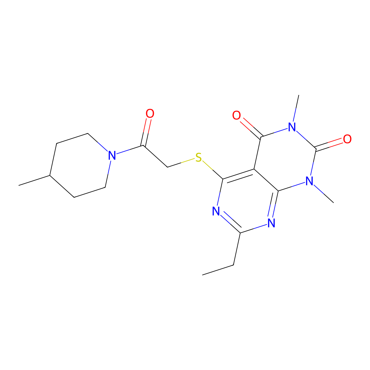 7-Ethyl-1,3-dimethyl-5-[2-(4-methylpiperidin-1-yl)-2-oxoethyl]sulfanylpyrimido[4,5-d]pyrimidine-2,4-dione molecular structure, CAS 852169-22-3