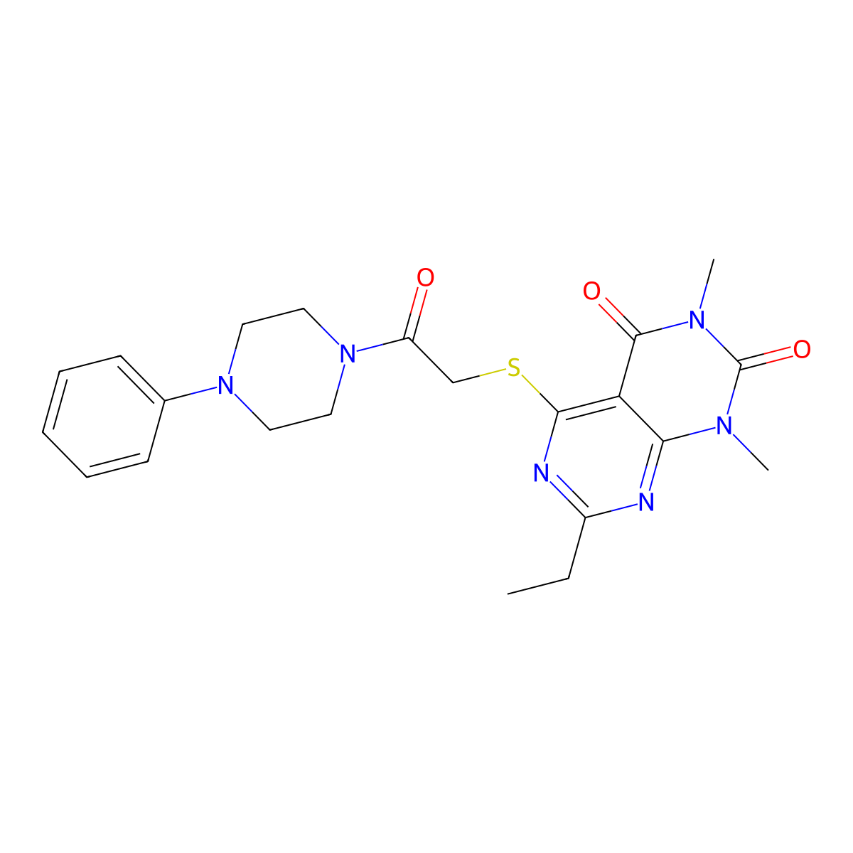 7-Ethyl-1,3-dimethyl-5-[2-oxo-2-(4-phenylpiperazin-1-yl)ethyl]sulfanylpyrimido[4,5-d]pyrimidine-2,4-dione molecular structure, CAS 852169-24-5