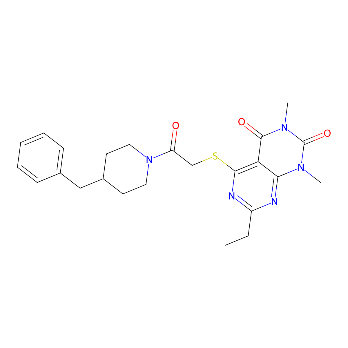 5-((2-(4-benzylpiperidin-1-yl)-2-oxoethyl)thio)-7-ethyl-1,3-dimethylpyrimido[4,5-d]pyrimidine-2,4(1H,3H)-dione molecular structure, CAS 852169-26-7