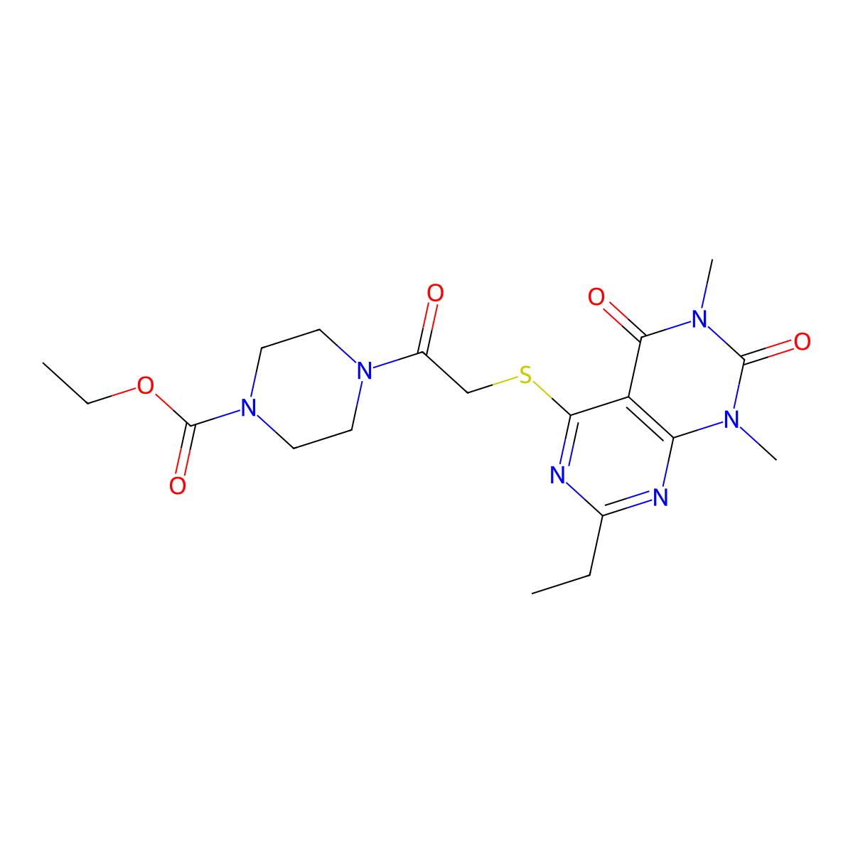 Ethyl 4-(2-((2-ethyl-6,8-dimethyl-5,7-dioxo-5,6,7,8-tetrahydropyrimido[4,5-d]pyrimidin-4-yl)thio)acetyl)piperazine-1-carboxylate molecular structure, CAS 852169-28-9