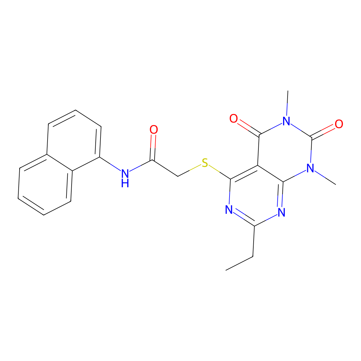 2-((2-ethyl-6,8-dimethyl-5,7-dioxo-5,6,7,8-tetrahydropyrimido[4,5-d]pyrimidin-4-yl)thio)-N-(naphthalen-1-yl)acetamide molecular structure, CAS 852169-36-9