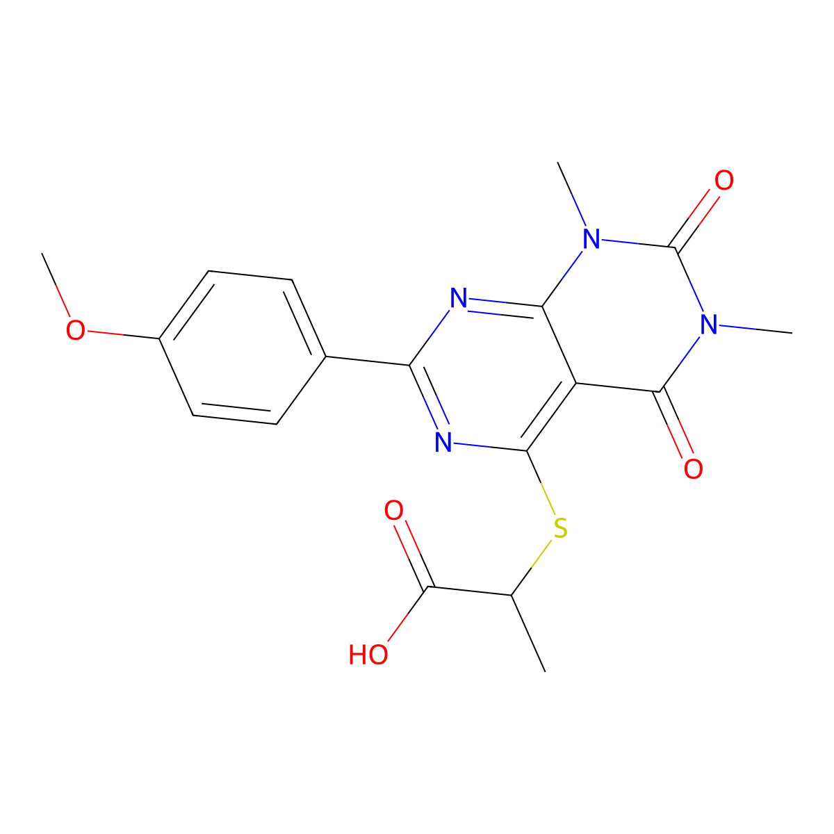 2-((2-(4-Methoxyphenyl)-6,8-dimethyl-5,7-dioxo-5,6,7,8-tetrahydropyrimido[4,5-d]pyrimidin-4-yl)thio)propanoic acid molecular structure, CAS 852169-39-2