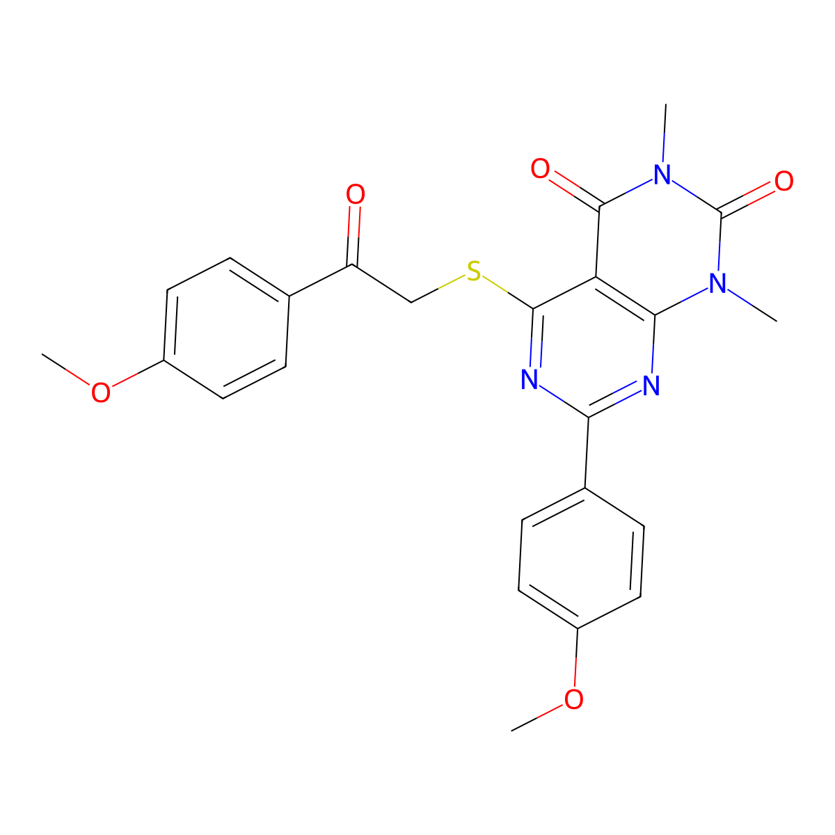 7-(4-methoxyphenyl)-5-((2-(4-methoxyphenyl)-2-oxoethyl)thio)-1,3-dimethylpyrimido[4,5-d]pyrimidine-2,4(1H,3H)-dione molecular structure, CAS 852169-45-0