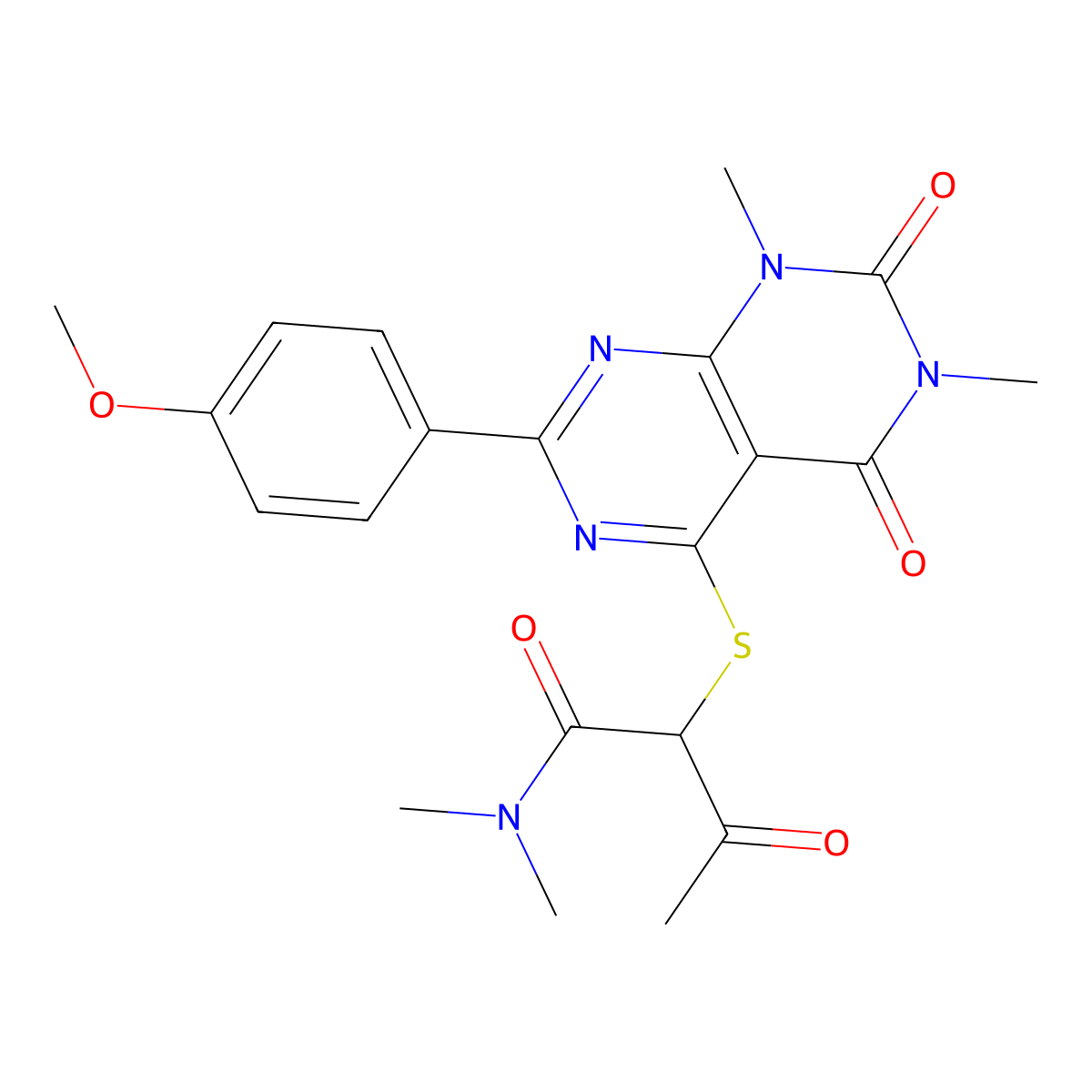 2-((2-(4-methoxyphenyl)-6,8-dimethyl-5,7-dioxo-5,6,7,8-tetrahydropyrimido[4,5-d]pyrimidin-4-yl)thio)-N,N-dimethyl-3-oxobutanamide molecular structure, CAS 852169-47-2