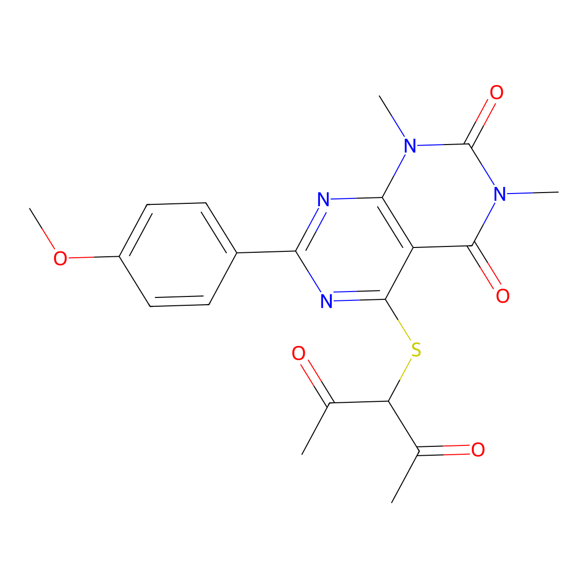 5-((2,4-dioxopentan-3-yl)thio)-7-(4-methoxyphenyl)-1,3-dimethylpyrimido[4,5-d]pyrimidine-2,4(1H,3H)-dione molecular structure, CAS 852169-49-4