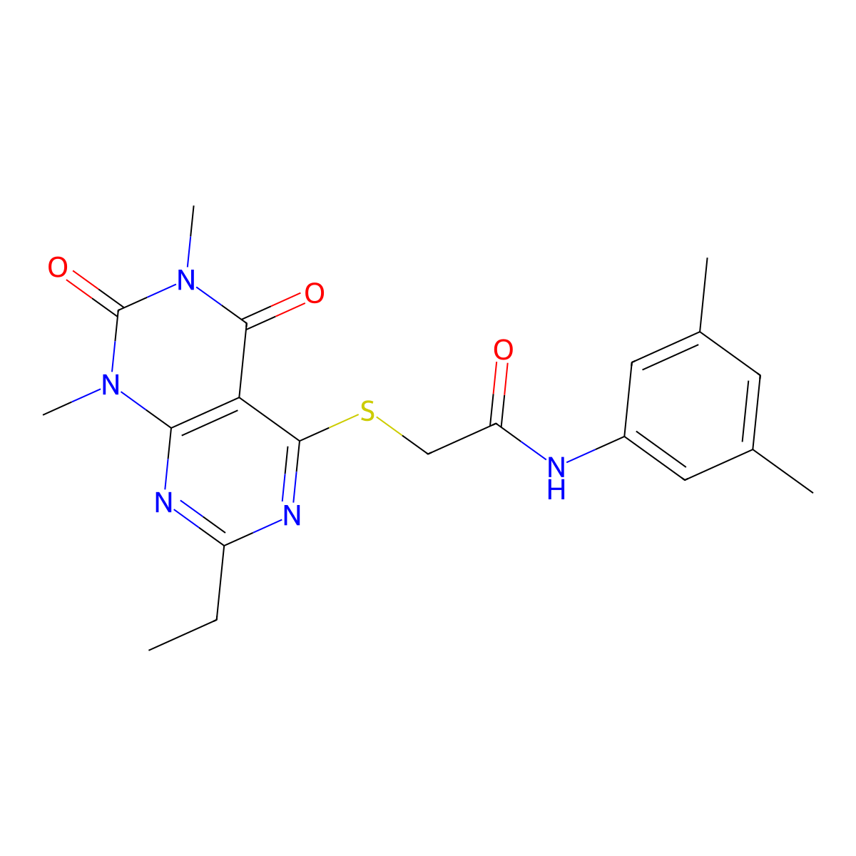 N-(3,5-dimethylphenyl)-2-((2-ethyl-6,8-dimethyl-5,7-dioxo-5,6,7,8-tetrahydropyrimido[4,5-d]pyrimidin-4-yl)thio)acetamide molecular structure, CAS 852169-50-7