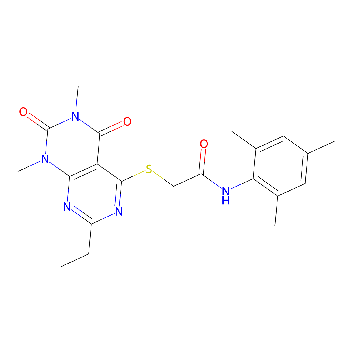 2-((2-ethyl-6,8-dimethyl-5,7-dioxo-5,6,7,8-tetrahydropyrimido[4,5-d]pyrimidin-4-yl)thio)-N-mesitylacetamide molecular structure, CAS 852169-52-9