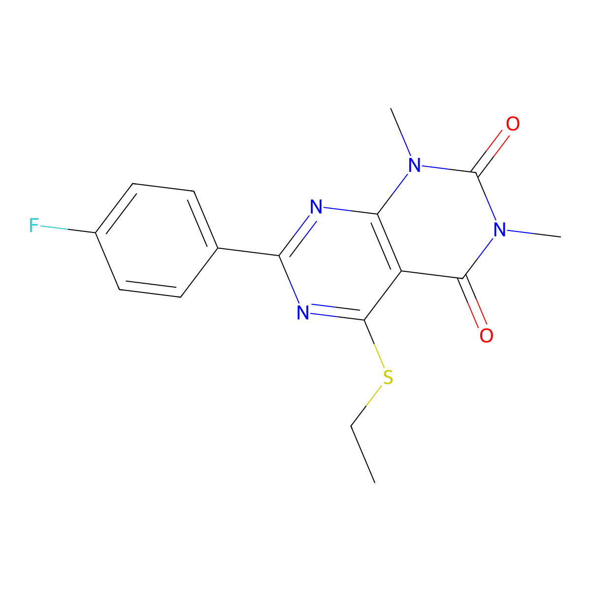 5-(ethylthio)-7-(4-fluorophenyl)-1,3-dimethylpyrimido[4,5-d]pyrimidine-2,4(1H,3H)-dione molecular structure, CAS 852169-53-0