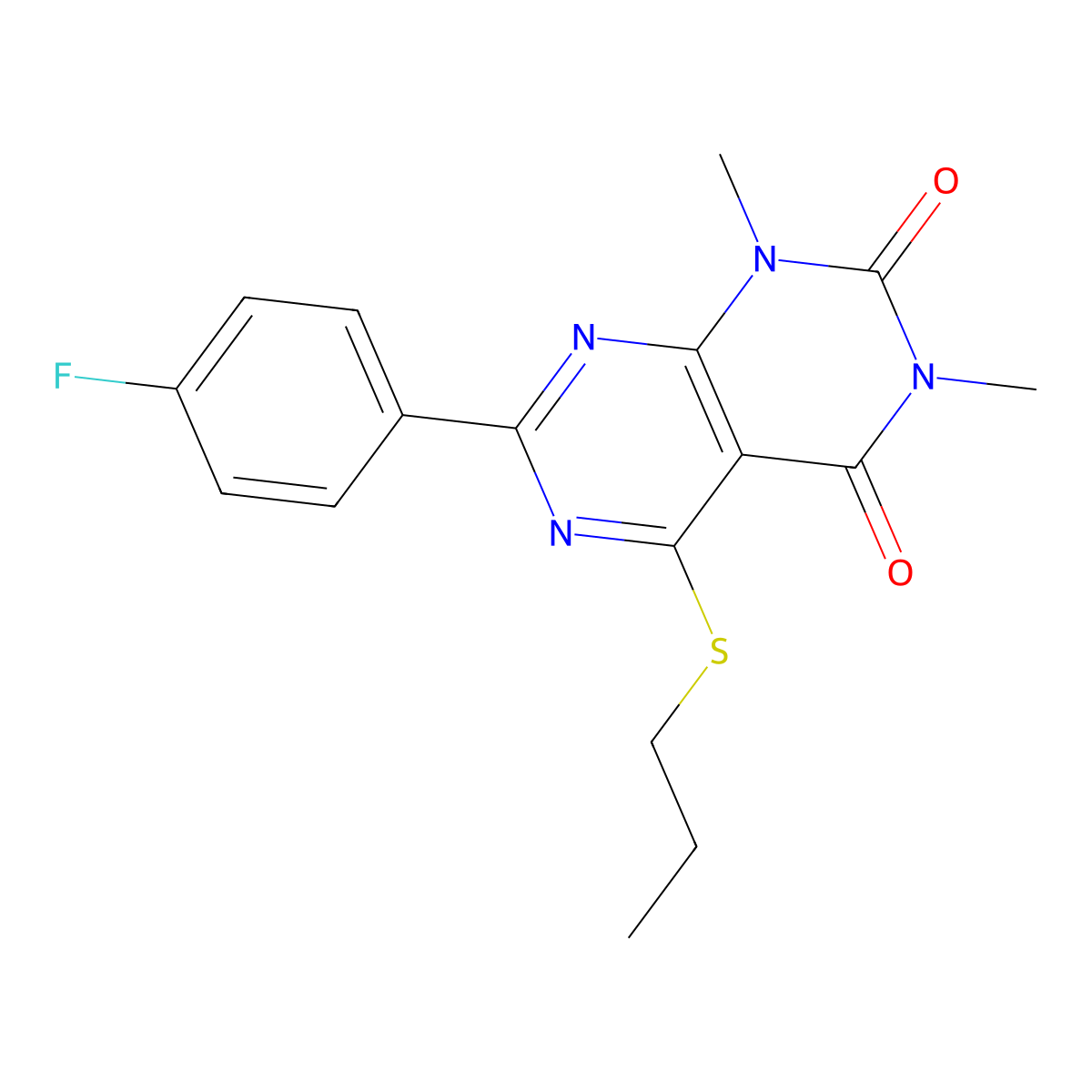7-(4-Fluorophenyl)-1,3-dimethyl-5-propylsulfanylpyrimido[4,5-d]pyrimidine-2,4-dione molecular structure, CAS 852169-55-2